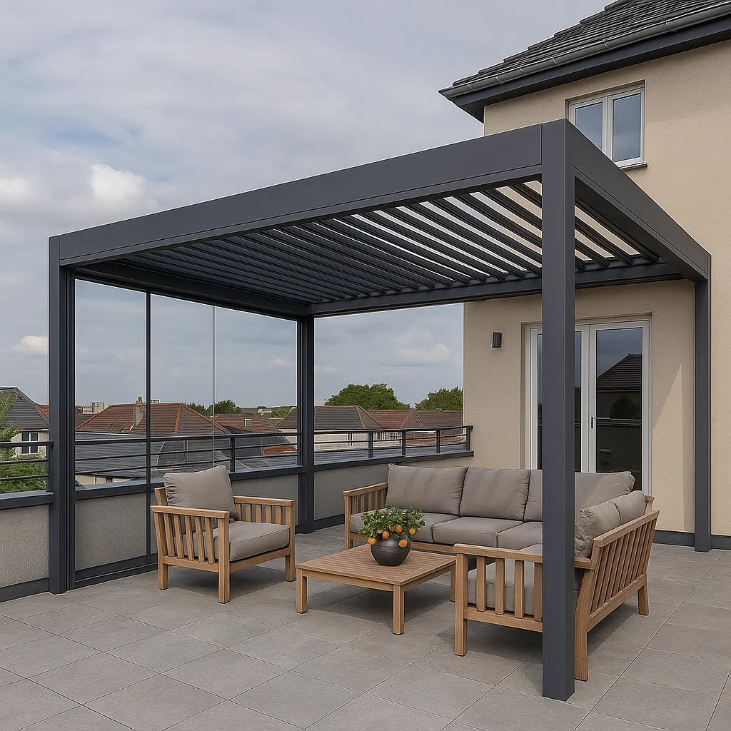 Teras için antrasit motorlu pergola sistemi