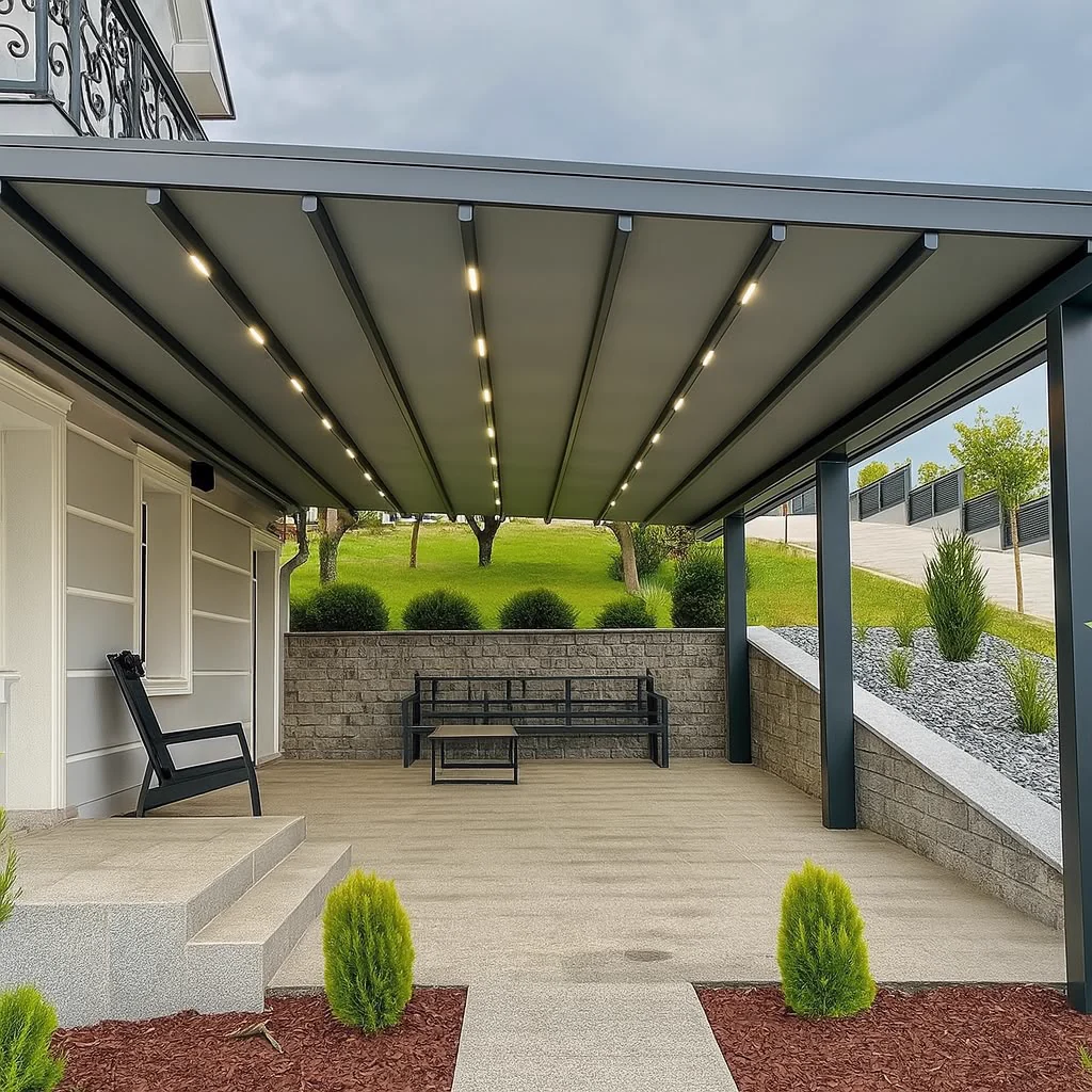 Yapı cephesinde geniş motorlu pergola sistemi