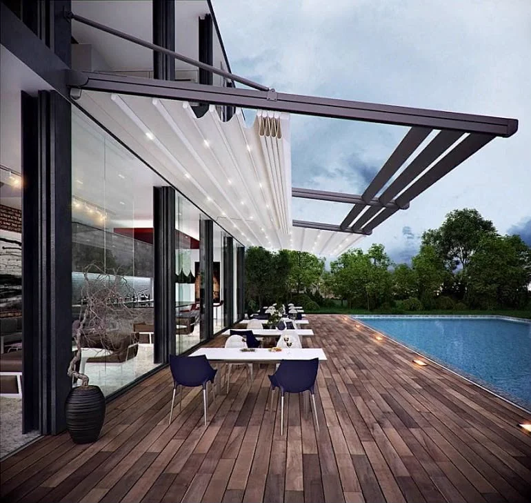 Teras üzerinde motorlu pergola tente uygulaması