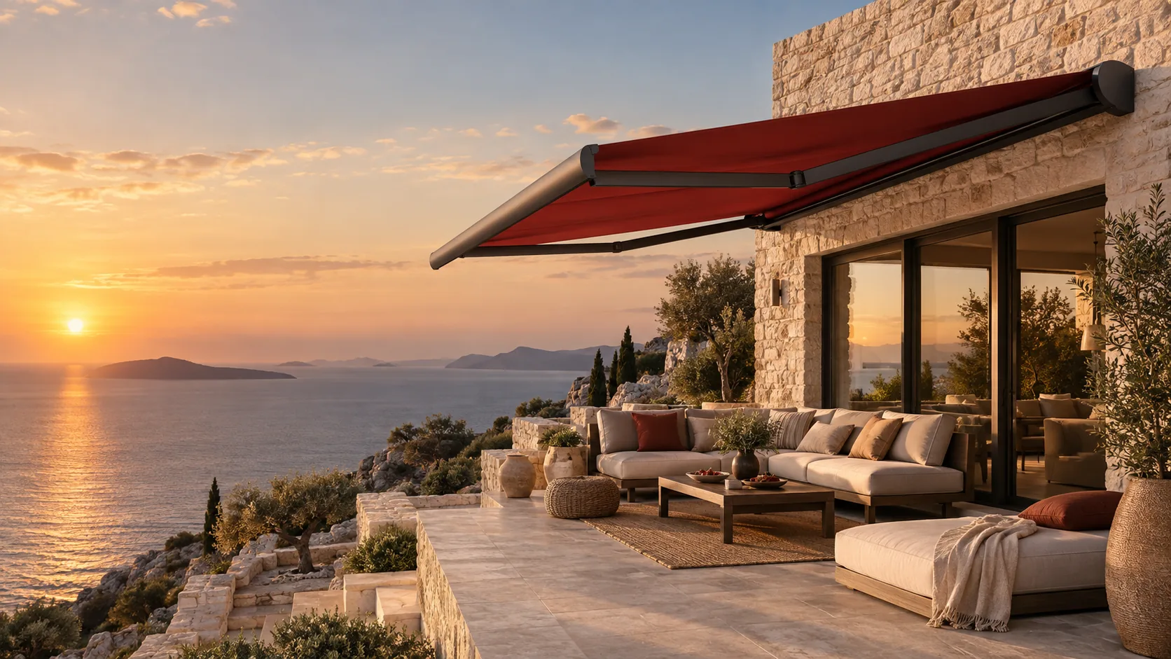 Gün batımında kırmızı tenteli premium villa terası